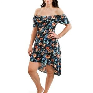 YOUNG USA OFF DHOULDER , HIGH-LOW, SURREALIST BLUE DRESS